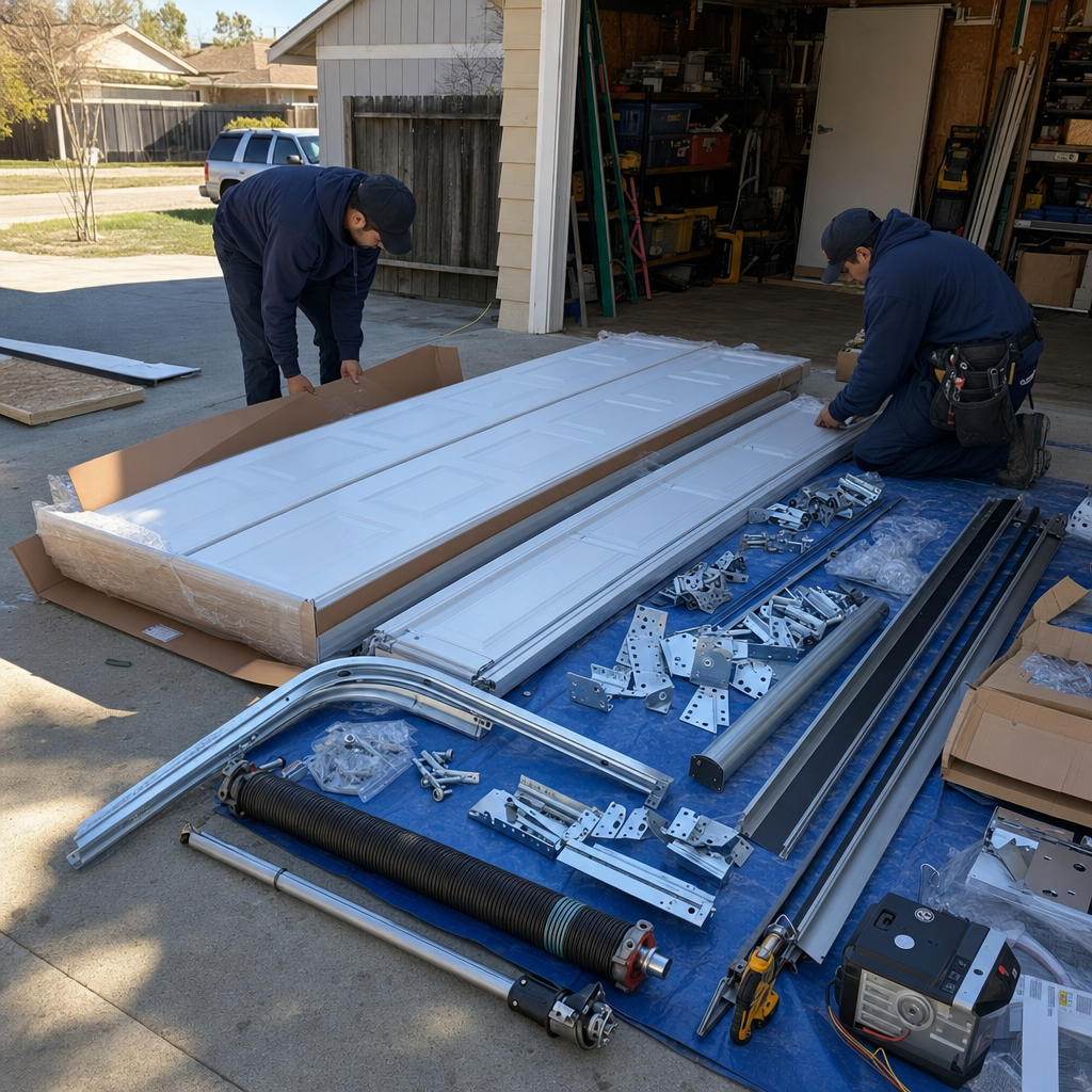 Garage door installation components and technician