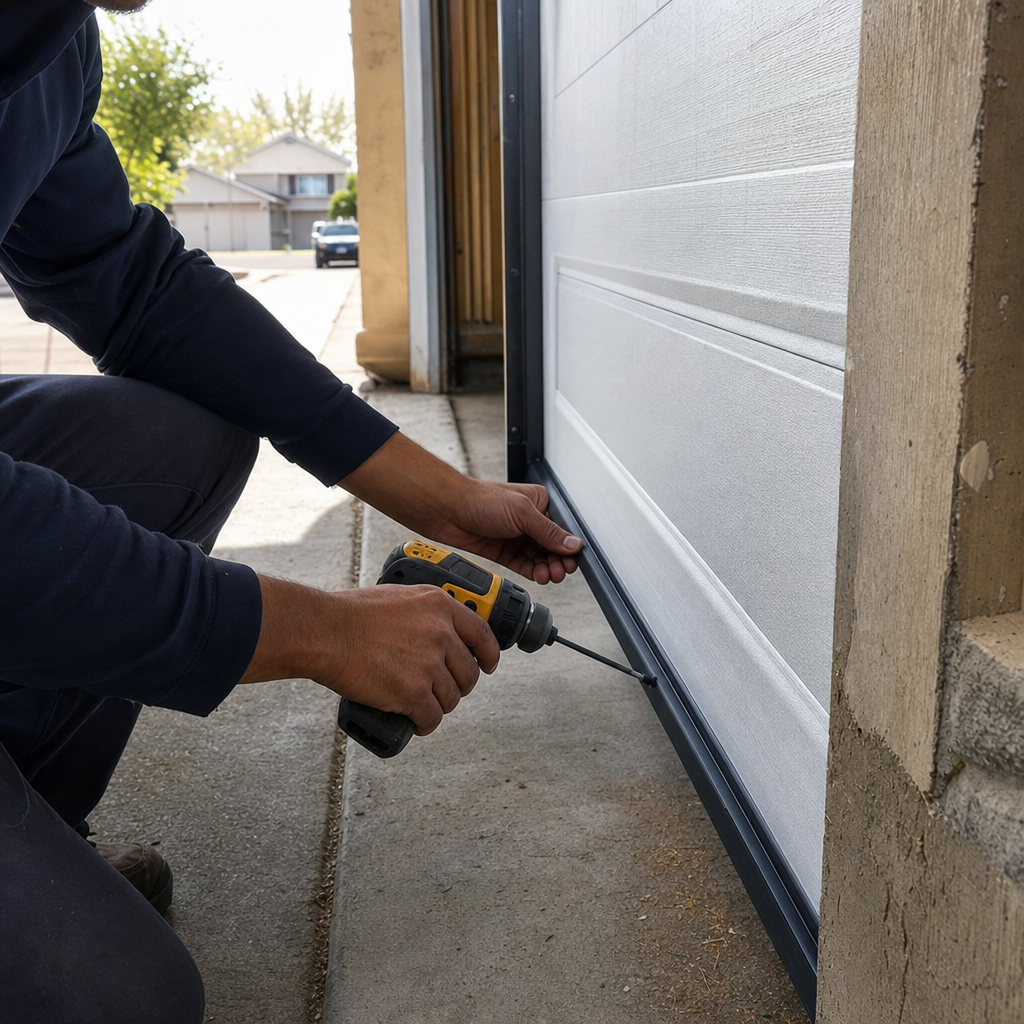Garage door installation with a professional screwing in the bottom seal.