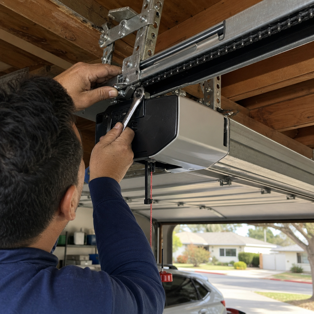 Technician adjusting garage door opener mechanism with a wrench.