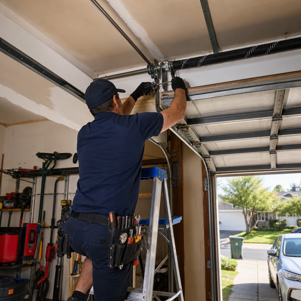 Technician repairs garage door spring mechanism on ladder