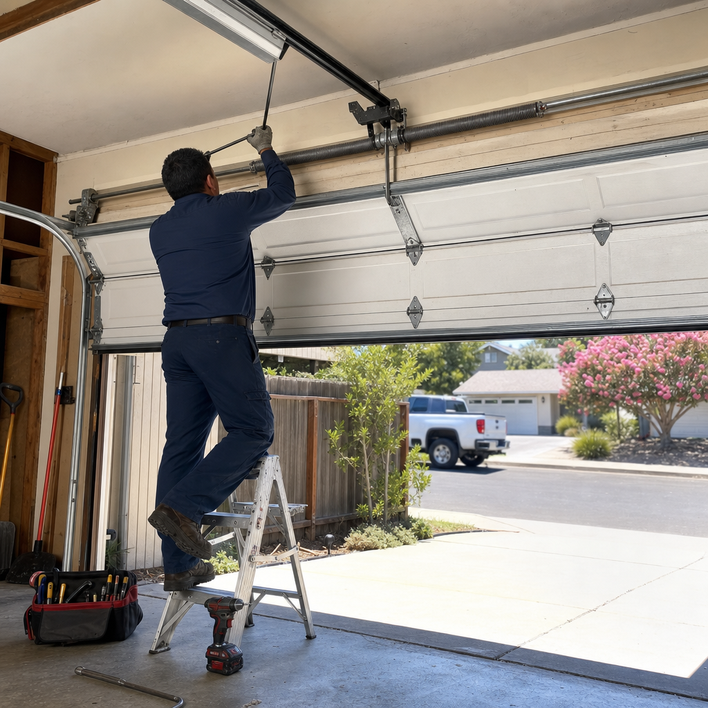 Technician repairs garage door spring from ladder
