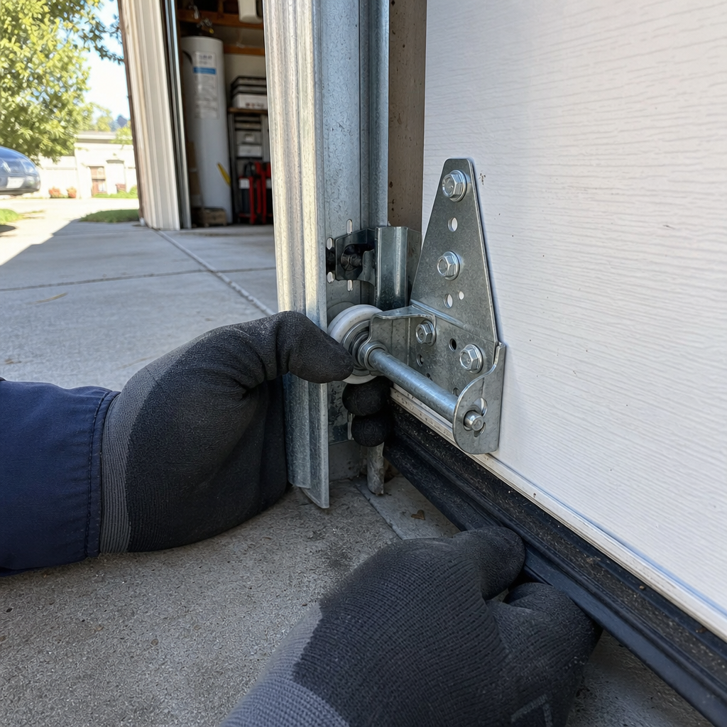 Gloved hand lubricating garage door roller for emergency repair in Elverta, CA