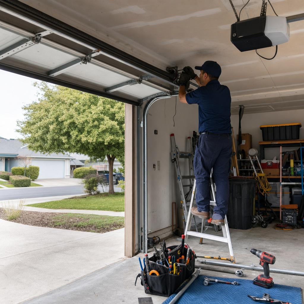 Technician installing garage door parts in Carmichael, CA